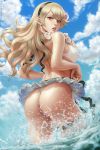  1girl artist_name ass bangs bare_shoulders beach bikini bikini_skirt blonde_hair blue_sky blush breasts cloud day fire_emblem flower from_behind hair_between_eyes hair_flower hair_ornament hairband highres large_breasts long_hair looking_at_viewer looking_back mamkute my_unit_(fire_emblem_if) nintendo ocean open_mouth outdoors pointy_ears red_eyes sciamano240 sidelocks sky solo splashing summer swimsuit thigh_strap wading white_bikini white_hair 