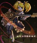  1girl absurdres bangs black_bow black_legwear black_sleeves blonde_hair blue_eyes boots bow copyright_name detached_sleeves doyoom eyebrows_visible_through_hair frilled_sleeves frills full_body hair_bow hair_ornament highres holding holding_instrument instrument kagamine_rin layered_skirt long_hair long_sleeves looking_at_viewer miniskirt multicolored multicolored_clothes multicolored_skirt open_mouth ribbon roshin_yuukai_(vocaloid) short_sleeves skirt solo sweatdrop swept_bangs thighhighs twintails vocaloid white_bow white_footwear yellow_ribbon 