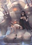  1girl absurdres areola_slip areolae battleship_hime black_dress black_footwear black_hair breasts commentary_request dress full_body highres horns kantai_collection long_hair medium_breasts outdoors red_eyes shinkaisei-kan shoes very_long_hair water wrist_cuffs yan_ge 