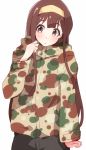  1girl bangs black_pants blush breath brown_eyes brown_hair brown_jacket camouflage camouflage_jacket closed_mouth enelis eyebrows_behind_hair hairband hand_up head_tilt idolmaster idolmaster_million_live! idolmaster_million_live!_theater_days jacket long_hair long_sleeves pants simple_background solo tanaka_kotoha very_long_hair white_background woodland_camouflage yellow_hairband 