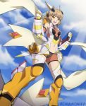  1girl :d absurdres bare_shoulders bodysuit brown_eyes brown_hair chuunioniika clenched_hands commentary english_commentary gloves headgear highres navel_cutout open_mouth orange_eyes scarf senki_zesshou_symphogear short_hair smile solo tachibana_hibiki_(symphogear) thighhighs twitter_username 