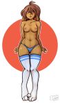  2018 absurd_res alternate_version_at_source anthro biting_lip blush breasts brown_hair butt_from_the_front clothed clothing embarrassed female hair hi_res lagomorph legwear leporid long_ears mammal nipples panties rabbit red_eyes solo stockings thigh_highs topless underwear wide_hips zkelle 
