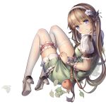 1girl absurdres apple belt bkyuuc blue_eyes blush breasts brown_belt character_request copyright_request dress eyebrows_visible_through_hair flower food fruit full_body green_dress hair_flower hair_ornament hairband highres leaf long_hair looking_at_viewer medium_breasts puffy_short_sleeves puffy_sleeves shoes short_sleeves simple_background teeth thighhighs twintails white_background white_legwear wrist_cuffs 