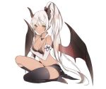  1girl dark_skinned_female devil&#039;s_horns devil&#039;s_wings green_eyes underwear white_hair 