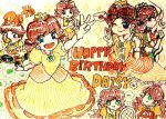  6+girls block brown_hair crown dress earrings flower flower_earrings gem gloves jewelry kart looking_at_viewer mario_(series) mario_party mario_tennis multiple_girls nintendo orange_dress pose princess_daisy sassy shorts smile super_mario_land super_smash_bros. symbol tomboy v white_gloves 