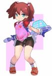  1girl backpack bag bike_shorts black_shorts blue_gloves brown_hair commentary_request full_body gloves green_eyes grin highres jacket karukan_(monjya) long_hair miniskirt net outstretched_arms pink_jacket ribbon saru_getchu sayaka_(saru_getchu) shoes shorts simple_background skirt smile sneakers socks solo twintails white_background white_skirt wind wind_lift 