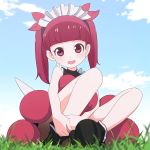  1girl :d bangs bare_arms bare_shoulders black_footwear blue_sky blunt_bangs bonnet cloud commentary_request day eyebrows_visible_through_hair full_body grass highres kemurikusa leg_hug long_hair looking_at_viewer open_mouth outdoors pink_eyes pink_hair rina_(kemurikusa) sat-c sitting sky sleeveless smile solo twintails v-shaped_eyebrows 