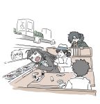  2girls 3boys ahoge angry artoria_pendragon_(all) black_hair blank_eyes brown_eyes comic conveyor_belt conveyor_belt_sushi eyes_closed fate/grand_order fate/stay_night fate_(series) food food_on_face fujimaru_ritsuka_(male) hat jacket koha-ace leaning_to_the_side long_hair low_ponytail mo_(kireinamo) multiple_boys multiple_girls okada_izou_(fate) open_mouth oryou_(fate) plate ponytail saber sakamoto_ryouma_(fate) scarf silent_comic sitting smile standing sukeban sushi sweatdrop 