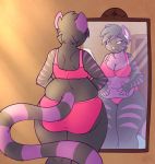  anthro big_butt bra breasts butt cleavage clothed clothing domestic_cat felid feline felis female hi_res kate_(tach0012) looking_at_mirror mammal mirror overweight reflection sheela skimpy solo underwear wide_hips 