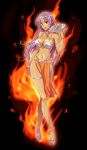  1girl :d armlet black_background bra bracelet breasts brown_eyes cleavage dark_skin dragon_quest dragon_quest_iv earrings fan fire full_body grey_bra highres holding holding_fan jewelry large_breasts long_hair looking_at_viewer manya navel open_mouth purple_hair shiny shiny_hair sideboob smile solo standing thighlet umetofu underwear very_long_hair 