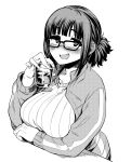  1girl alcohol bangs blush breast_rest breasts drooling drunk fukumaaya glass glasses greyscale highres jacket large_breasts long_hair looking_at_viewer monochrome open_mouth original ponytail ribbed_sweater sidelocks simple_background smile solo sweater upper_body white_background 