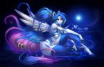  5_fingers anthro blue_hair breasts canid canine digital_media_(artwork) female hair jesonite looking_at_viewer mammal sitting solo water yellow_eyes 