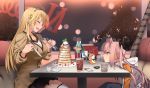  2girls 80mph ahoge berries blonde_hair branch cellphone commentary_request cream creamer_(vessel) cup eyes_closed feeding food fork hair_ribbon hairband head_on_table hood hooded_track_jacket ice ice_cream ice_cube jacket knife kohagura_ellen leaf legs_together long_hair mashiko_kaoru menu multiple_girls nene_(toji_no_miko) open_mouth osafune_girls_academy_uniform pancake phone pink_eyes pink_hair restaurant ribbon school_uniform sheath skirt smartphone soft_drink straw table teacup thighhighs toji_no_miko track_jacket tree twintails window 