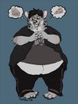  anthro belly big_belly black_hair claws clothed clothing drooling eyewear food fur glasses grey_fur hair hyaenid male mammal navel obese obese_male overweight overweight_male pizza saliva samyena solo spotted_hyena standing thought_bubble toe_claws tongue tongue_out wide_hips 