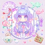  1girl :3 animal blue_dress blue_eyes blue_flower blue_hair blush_stickers bubble bug butterfly chibi closed_mouth cup dango dress fish floral_print flower food fruit gradient_hair hair_flower hair_ornament ie_(nyj1815) insect long_sleeves multicolored_hair original pinching_sleeves print_dress purple_eyes purple_flower purple_hair sleeves_past_wrists solo standing tassel teacup teapot wagashi wide_sleeves 