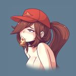  1girl baseball_cap blue_eyes breasts brown_hair cleavage eating food hat heart heart-shaped_pupils large_breasts league_of_legends morebreasts nude out-of-frame_censoring pizza pizza_delivery_sivir ponytail sivir solo symbol-shaped_pupils upper_body 