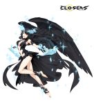  1girl angel black_clothes black_hair black_wings blonde_hair closers fallen_angel full_body long_hair navel official_art orange_eyes solo soma_(closers) weapon white_skin wings 