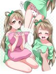  ... 1girl bangs bare_legs barefoot blush bow breast_grab breasts collarbone eyes_closed food_print grabbing green_bow green_shirt hair_bow kanji large_breasts light_brown_hair long_hair love_live! love_live!_school_idol_project minami_kotori multiple_views no_pants off-shoulder_shirt off_shoulder open_mouth panties pantyshot paw_print pillow pillow_hug pink_pillow polka_dot polka_dot_background print_panties shirt sitting smile strawberry_panties strawberry_print underwear yellow_eyes yopparai_oni 