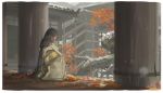  1girl alphonse_(white_datura) architecture autumn_leaves black_hair building day divine_child_of_rejuvenation east_asian_architecture eyes_closed from_behind highres japanese_clothes long_hair profile sekiro:_shadows_die_twice sitting snowing solo 