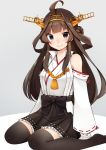  1girl ahoge black_legwear black_skirt brown_eyes brown_hair commentary_request detached_sleeves double_bun frilled_skirt frills grey_background hairband headgear highres kantai_collection katsuobushi_(eba_games) kongou_(kantai_collection) long_hair looking_at_viewer remodel_(kantai_collection) ribbon-trimmed_sleeves ribbon_trim simple_background sitting skirt sleeves_past_wrists smile solo thighhighs wariza 