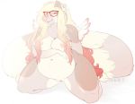  2019 angel anthro areola big_areola big_breasts big_nipples breasts brown_fur canid canine claire_(coffaefox) cleft_of_venus clothing coffaefox digital_media_(artwork) eyewear feathered_wings feathers female fluffy fluffy_tail full-length_portrait fur glasses hair long_hair long_tail mammal navel nipples nude overweight overweight_female panties pink_eyes pink_nipples portrait pussy red_glasses simple_background solo thick_thighs tuft underwear voluptuous white_fur wings 