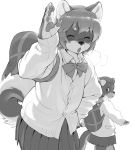  backpack blush bow_tie breath canid canine claws clothing curled_tail duo kikurage looking_at_viewer mammal monochrome open_mouth pawpads raised_arm simple_background skirt sweater tongue topwear white_background 