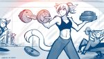  2019 ambiguous_gender anthro athletic basitin breasts cleavage clothed clothing dumbell exercise female group gym hi_res holding_object king_adelaide mammal midriff monochrome navel ponytail sketch smile solo_focus stare tom_fischbach twokinds webcomic weightlifting weights workout 