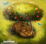  avian bird cryptid-creations food fruit grass mammal rhinocerotoid sleeping tangerine_(fruit) tree 