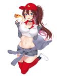  1girl baseball_cap blue_eyes blush bouncing_breasts breasts brown_hair choker clothes_around_waist collarbone elbow_gloves employee_uniform erect_nipples error_dot fingerless_gloves food gloves hat jumping large_breasts league_of_legends legs_up looking_at_viewer midriff navel pizza pizza_delivery_sivir ponytail shirt shoes shorts sivir sneakers solo t-shirt thighhighs uniform 