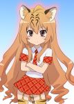  1girl animal_ear_fluff animal_ears animal_print bangs brown_hair commentary_request contrapposto cosplay cowboy_shot crossed_arms eyebrows_visible_through_hair frown fujimura_taiga garter_belt gradient gradient_background hair_between_eyes highres kemono_friends light_brown_hair long_hair looking_at_viewer necktie plaid plaid_neckwear plaid_skirt pleated_skirt print_legwear shirt short_sleeves simple_background skirt solo thighhighs tiger_(kemono_friends) tiger_(kemono_friends)_(cosplay) tiger_ears tiger_print toradora! ueyama_michirou v-shaped_eyebrows very_long_hair white_shirt 