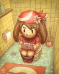  1girl absurdres bathroom brown_hair commentary creatures_(company) english_commentary game_boy_advance game_freak handheld_game_console haruka_(pokemon) highres holding holding_handheld_game_console indoors long_hair nintendo playing_games pokemon pokemon_(game) pokemon_rse ry-spirit signature sitting sitting_on_object solo toilet toilet_paper tongue tongue_out wall 