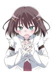  1girl blush brown_hair eyebrows_visible_through_hair green_eyes hair_ornament hairclip ixy long_sleeves necktie open_mouth red_neckwear saki saki_achiga-hen shirt short_hair simple_background solo tears tsuruta_himeko upper_body white_background white_shirt 