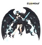  1girl angel black_clothes black_hair black_wings blonde_hair closers fallen_angel full_body long_hair navel official_art orange_eyes solo sylvi_(closers) weapon white_skin wings 