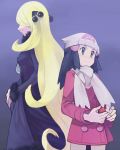  2girls back-to-back beanie blonde_hair blue_eyes blue_hair breasts closed_mouth coat cowboy_shot creatures_(company) dark_blue_hair donnpati frown fur-trimmed_sleeves fur_collar fur_trim game_freak hair_ornament hat highres hikari_(pokemon) holding holding_poke_ball legs_apart long_hair long_sleeves medium_breasts multiple_girls nintendo pink_coat poke_ball poke_ball_(generic) pokemon pokemon_(game) pokemon_dppt pokemon_platinum scarf shirona_(pokemon) smile straight_hair very_long_hair white_headwear white_scarf winter_clothes 