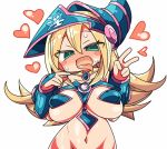  1girl blonde_hair blush blush_stickers bottomless breasts dark_magician_girl green_eyes groin hat heart kanikama large_breasts long_hair looking_at_viewer navel open_mouth out-of-frame_censoring simple_background solo sweat tongue tongue_out v white_background wizard_hat yu-gi-oh! 