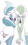  1boy 1girl alternate_color blue_hair blue_skin closed_mouth creatures_(company) eyes_closed flat_chest gallade game_freak gardevoir gen_3_pokemon gen_4_pokemon green_hair green_skin hair_between_eyes half-closed_eyes hands_together hands_up looking_at_another looking_to_the_side minashirazu nintendo no_humans pokemon pokemon_(creature) red_eyes shiny_pokemon short_hair simple_background sitting two-tone_skin v_arms white_background white_skin 