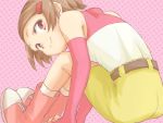  1girl boots brown_eyes brown_hair closed_mouth commentary_request digimon digimon_adventure_02 gloves hair_ornament hairclip kneehighs looking_at_viewer mysk918 pink_footwear red_eyes short_hair sitting smile solo white_legwear yagami_hikari 