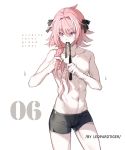  1boy artist_name astolfo_(fate) bishounen black_bow black_ribbon bow boxers braid braiding_hair buttoning chest copyright_name facing_viewer fang fate/apocrypha fate_(series) hair_intakes hair_ribbon hairdressing leopardtiger long_braid long_hair male_focus messy_hair motion_lines multicolored_hair musical_note no_pants numbered pink_hair purple_eyes ribbon shirtless simple_background single_braid skin_fang solo streaked_hair toned toned_male underwear underwear_only white_background 