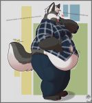  &lt;3 anthro belly belly_overhang big_belly black_fur blush canid canine chubby_cheeks claws clothed clothing fox fur hand_on_stomach hi_res male mammal midriff moobs obese obese_male overweight overweight_male pacato solo standing straining_buttons text thick_thighs tight_clothing toe_claws tongue white_fur yuniwolfsky 