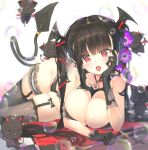  1girl 6+others bangs black_gloves black_hair black_panties blunt_bangs blurry blush breasts bubble cat cleavage demon_tail depth_of_field eyebrows_visible_through_hair fishnet_legwear fishnets flower frilled_panties frills garter_straps gloves hair_flower hair_ornament head_wings highleg highleg_panties large_breasts leg_garter long_hair looking_at_viewer lying multiple_others on_side open_mouth original panties peragura red_eyes revealing_clothes tail thighhighs tongue tongue_out twintails underwear 
