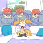  1:1 ambiguous_gender anthro black_fur bow_tie braixen crossed_legs dipstick_tail ear_tuft english_text fur grey_skin grin group hi_res humanoid inside larger_male machamp male meme multi_arm multi_limb multicolored_tail nintendo on_couch open_mouth orange_fur pillow pok&eacute;mon pok&eacute;mon_(species) red_eyes short_stack size_difference smaller_ambiguous smile sparkles sweat sweatdrop text tuft unknownlifeform video_games white_fur window yellow_fur 