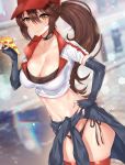  1girl baseball_cap breasts brown_hair choker cleavage clothes_around_waist elbow_gloves employee_uniform ero_waifu fingerless_gloves food gloves hand_on_hip hat large_breasts league_of_legends looking_at_viewer midriff navel no_pants panties parted_lips pizza pizza_delivery_sivir ponytail shirt side-tie_panties sivir solo t-shirt thighhighs underwear uniform yellow_eyes 