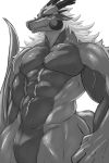  abs absurd_res biceps body_hair dragon ear_piercing ear_ring featureless_crotch happy_trail hi_res horn male monochrome muscular muscular_male pecs piercing shy six_horns smile zex 