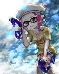  1girl absurdres backwards_hat black-framed_eyewear black_shorts cloud cloudy_sky collarbone dapple_dualies_(splatoon) dual_wielding glasses gothloli_dokuro grin hand_up hat highres holding long_hair octarian octoling peaked_cap pink_eyes pink_hair shirt short_sleeves shorts sky smile solo splatoon splatoon_(series) splatoon_2 suction_cups t-shirt teeth tentacle_hair white_headwear yellow_shirt 