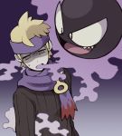  1boy bangs black_eyes black_sweater blonde_hair creatures_(company) empty_eyes floating game_freak gastly gen_1_pokemon ghost gradient gradient_background grey_eyes gym_leader half-closed_eyes happy headband long_sleeves looking_at_another male_focus matsuba_(pokemon) minashirazu nintendo open_mouth pokemon pokemon_(creature) pokemon_(game) pokemon_hgss purple_background purple_headband purple_scarf ribbed_sweater scarf sharp_teeth short_hair simple_background smile smoke sweat sweater teeth turn_pale upper_body 