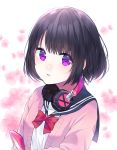  1girl bangs black_hair blue_sailor_collar blunt_bangs bob_cut bow bowtie cardigan cellphone cherry_blossoms eyebrows_visible_through_hair eyes_visible_through_hair flower headphones headphones_around_neck highres holding holding_phone looking_at_viewer original parted_lips phone pink_cardigan pink_flower purple_eyes red_bow sailor_collar school_uniform serafuku short_hair smartphone smartphone_case solo symbol_commentary urim_(paintur) white_background 