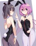  2girls :3 animal_ears bare_arms bare_shoulders black_hair black_legwear black_leotard black_neckwear bow bowtie breasts bunny_ears bunny_girl bunny_tail bunnysuit covered_navel cowboy_shot ddt_(darktrident) detached_collar fake_animal_ears green_eyes groin hair_between_eyes hand_up highres holding leash leotard long_hair looking_at_viewer looking_back multiple_girls original pantyhose personification profile purple_eyes purple_hair short_hair sidelocks small_breasts smile standing starcraft tail twintails white_legwear wrist_cuffs zergling 