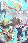  1boy alakazam artist_name bag bangs black_eyes black_pants blue_background brown_eyes brown_hair claws creatures_(company) dated eevee ege_(597100016) game_freak gen_1_pokemon hand_up happy holding holding_poke_ball jewelry long_sleeves looking_at_viewer male_focus matching_hair/eyes necklace nintendo ookido_green open_mouth pants pidgeot poke_ball poke_ball_(generic) pokemon pokemon_(creature) pokemon_(game) pokemon_lgpe purple_shirt shirt short_hair signature simple_background smile smoke spoon teeth 