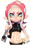  &gt;:) 1girl chromatic_aberration closed_mouth crop_top e-liter_4k_(splatoon) groin hand_up highres holding isamu-ki_(yuuki) long_hair looking_at_viewer navel octarian octoling pink_hair signature silver_eyes simple_background single_sleeve sleeves_past_elbows smile solo splatoon splatoon_(series) splatoon_2 splatoon_2:_octo_expansion suction_cups tentacle_hair v-shaped_eyebrows white_background zipper zipper_pull_tab 