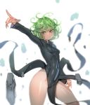  1girl black_dress bow_(bhp) breasts covered_navel cowboy_shot curly_hair debris dress groin half-closed_eyes hip_focus long_hair long_sleeves no_panties one-punch_man outstretched_arm pelvic_curtain pointing short_hair simple_background skirt small_breasts solo tatsumaki white_background wind wind_lift 